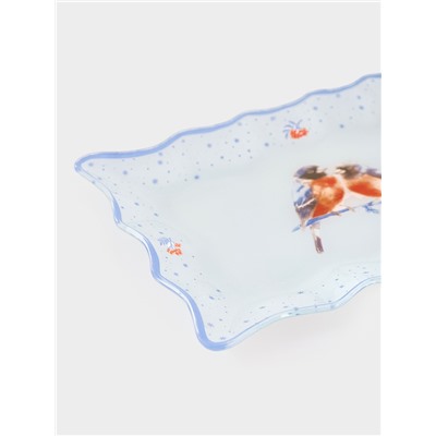 Блюдо сервировочное новогоднее Доляна «Снегири на ветке«», 25×16 см, стекло, белое, голубое