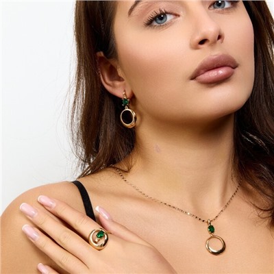 Комплект ювелирной бижутерии коллекция "Дубай" серьги, кулон и кольцо 19 р, покрытие позолота, вставка: фианиты, цвет: зеленый, арт.217.478-19