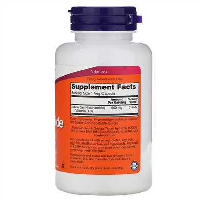 Now Foods, никотинамид, 500 мг, 100 вегетарианских капсул