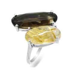 Кольцо из серебра раухтопаз, рутиловый кварц золотой, Лунетта