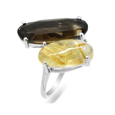 Кольцо из серебра раухтопаз, рутиловый кварц золотой, Лунетта