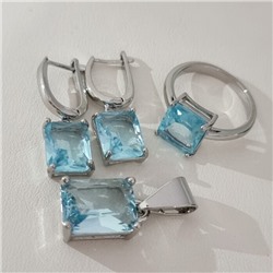 Комплект ювелирной бижутерии коллекция "Дубай" серьги, кулон и кольцо 19 р покрытие посеребрение, вставка: стекло, цвет: голубой, арт.215.595-19