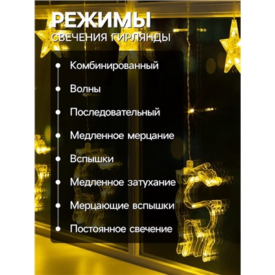 Гирлянда «Бахрома» 2.4×0.9 м с насадками «Олень», IP20, прозрачная нить, 138 LED, свечение тёплое белое, 8 режимов, 220 В