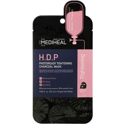 Mediheal, H.D.P., угольная тканевая маска, для повышения упругости кожи, 1 шт., 25 мл (0,84 жидк. унции)