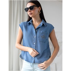 Укороченная блузка с коротким рукавом из джинсового лиоцелла