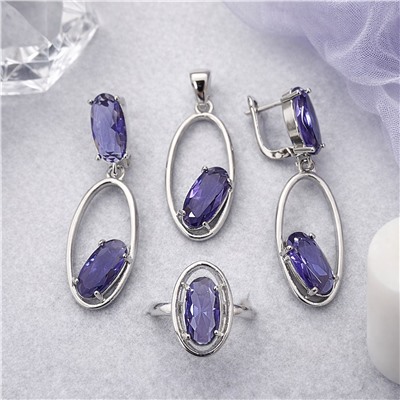 Комплект ювелирной бижутерии коллекция "Дубай", серьги, кулон и кольцо 19 р, покрытие посеребрение, вставка: стекло, цвет: фиолетовый, арт.007.340-19