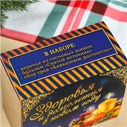 Подарочный набор новогодний «Будьте здоровы»: чай 20 г, варенье из сосновых шишек 30 г, бальзам 100 мл.