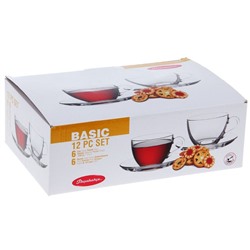 Чайный набор Paşabahçe Basic, 12 предметов: 6 чашек 225 мл, 6 блюдец d=13.7 см, стекло, прозрачный