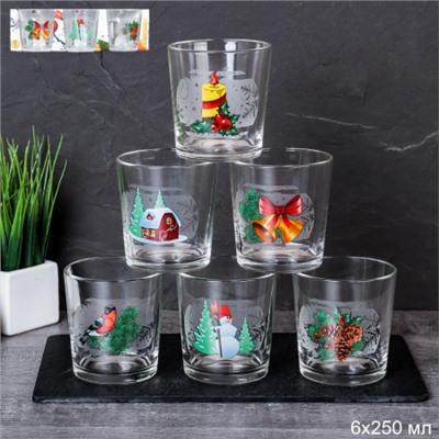 Стакан 6 штук 250 мл "Зимние узоры" / Д048/133 /уп 6/ низкий Новогодний