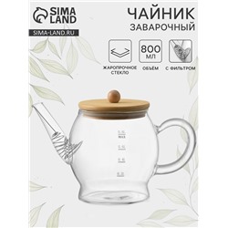 Заварочный чайник «Эко. Бабл», 800 мл, 22×12.5×15 см, с бамбуковой крышкой, металлический фильтр, стекло, прозрачный