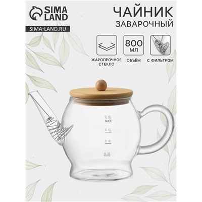 Заварочный чайник «Эко. Бабл», 800 мл, 22×12.5×15 см, с бамбуковой крышкой, металлический фильтр, стекло, прозрачный