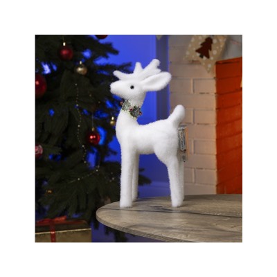 Светодиодная фигура «Олень» 16×30×9 см, флок, от батареек, свечение тёплое белое