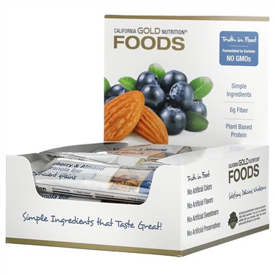 California Gold Nutrition, Foods, жевательные батончики-мюсли с дикой голубикой и миндалем, 12 батончиков весом 1,4 унции (40 г) каждый