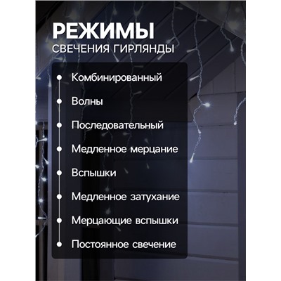 Гирлянда «Бахрома» 4×0.6 м, IP44, прозрачная нить, 180 LED, свечение белое, 8 режимов, 220 В