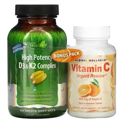 Irwin Naturals, Высокоэффективный комплекс D3 и K2, 60 желатиновых капсул + витамин C, 500 мг, 30 капсул