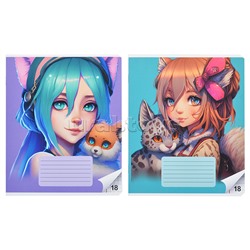 Набор. Тетрадь Аниме Animal girls, формат А5, 18 листов с полями, 2 шт. клетка/линейка, на скре
