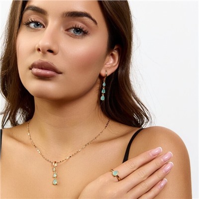 Комплект ювелирной бижутерии коллекция "Дубай" серьги, кулон и кольцо 18 р, покрытие позолота, вставка: фианиты, цвет: фисташковый, арт.414.310-18