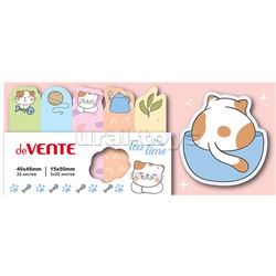 Набор самоклеящихся этикеток-закладок "Lazy cat" бумажные 45x45 мм и 15x50 мм, 6x20 листов, офсет 80 г/м², печать 4+0, ассорти форм, 6 дизайнов, в пластиковом пакете с европодвесом