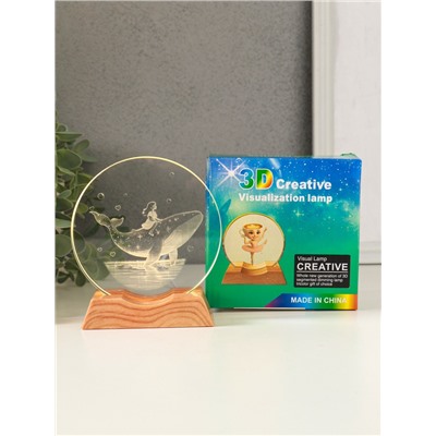 Световая фигурка стекло «Диск. Голограмма: Девочка и кит», 5×LED, d=10 см, USB, 10×4×11.4 см