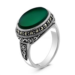 Кольцо из чернёного серебра с нат.зелёным агатом и марказитами 925 пробы HR-1499а