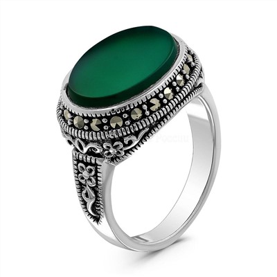 Кольцо из чернёного серебра с нат.зелёным агатом и марказитами 925 пробы HR-1499а