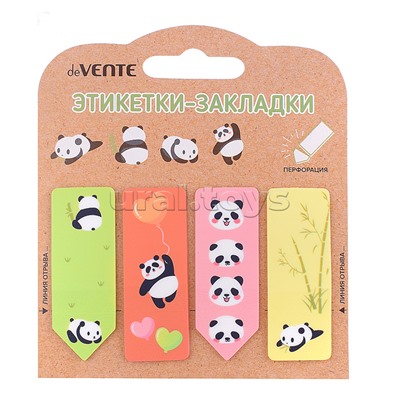 Набор самоклеящихся этикеток-закладок с перфорацией "Panda" пластиковые полупрозрачные, фигурные, печать 4+0, 55x20 мм, 20 листов, ассорти форм, 4 дизайна, в картонном блистере и пластиковом пакете с европодвесом