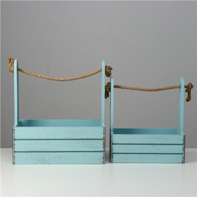 Подарочный ящик «Прованс», деревянный, ручка - канат, голубой, набор 2 шт.