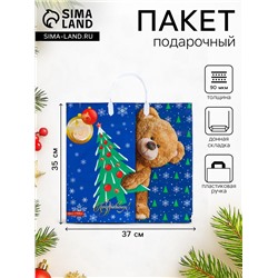 Пакет подарочный новогодний «Мишка с елкой», полиэтиленовый с пластиковой ручкой, 37×35 см
