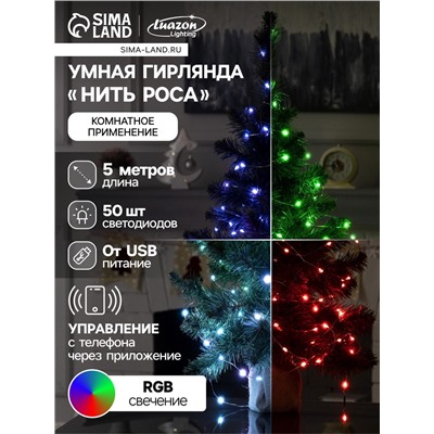 Умная гирлянда «Нить» 5 м роса, IP20, серебристая нить, 50 LED, управление с приложения, свечение RGB, USB