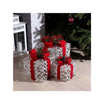 Светодиодная фигура «Серебристые подарки с красной лентой» 15, 20, 25 см, текстиль, металл, 220 В, свечение тёплое белое
