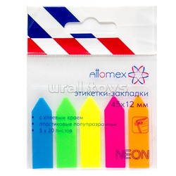 Набор самоклеящихся этикеток-закладок "Attomex" пластиковые полупрозрачные в форме стрелки 45x12 мм, 5x20 листов, 5 неоновых цветов, в пластиковом пакете с европодвесом