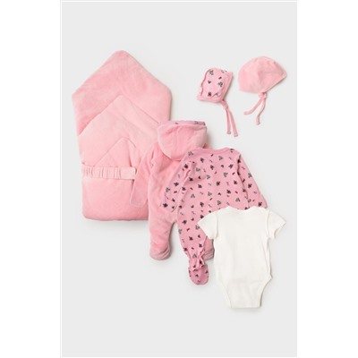 Комплект детский трикотажный для девочек: конверт-одеяло, комбинезон – 2 шт, боди, чепчик, шапочка PLAYTODAY, 1240787