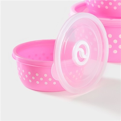 Контейнеры для еды с клапаном Доляна «Горошек», набор 3 шт.: 300/600/900 мл, пластик, круглые, розовые
