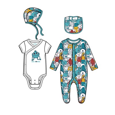 Комплект детский трикотажный для мальчиков: боди, комбинезон, нагрудник, чепчик