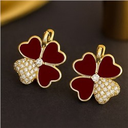 Серьги клевер ювелирная бижутерия Итальянское золото (покрытие желтое 14к), вставка: фианиты и пластик, цвет: прозрачный и бордовый, арт.217.425