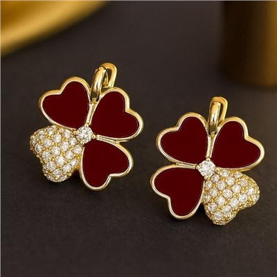Серьги клевер ювелирная бижутерия Итальянское золото (покрытие желтое 14к), вставка: фианиты и пластик, цвет: прозрачный и бордовый, арт.217.425