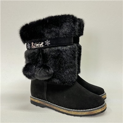 Унты женские чёрные “Норка” с рисунком замшевые на войлочной подошве