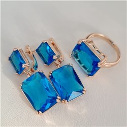 Комплект ювелирная бижутерия коллекция  "Дубай" серьги и кольцо 17 р, покрытие: позолота, вставка: фианиты, цвет: голубой, арт.313.008-17
