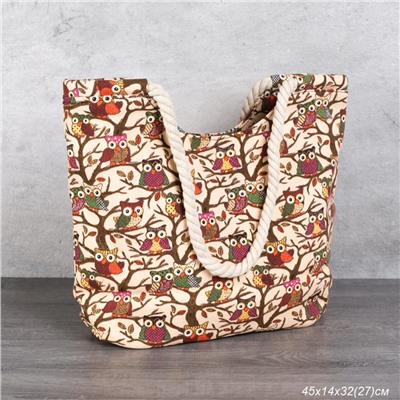 Сумка пляжная на молнии 45х32х14 см Совушка бежевый / BB23 /уп 1/