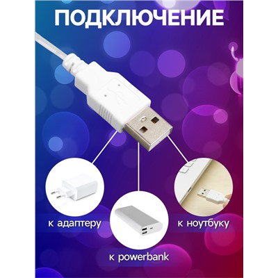 Гирлянда «Нить» 3 м с насадками «Снежинки малые», IP20, прозрачная нить, 20 LED, свечение мульти (RG/RB), мигание, USB