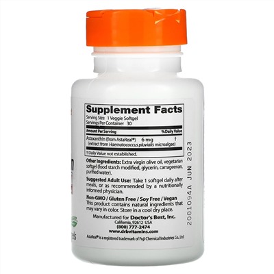 Doctor's Best, Astaxanthin with AstaReal, 6 mg, 30 Veggie Softgels