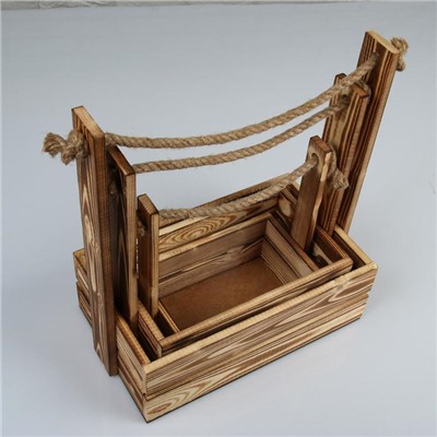 Подарочный ящик «Аром», деревянный, ручка - канат, цвет обожжённое дерево, набор 3 шт.