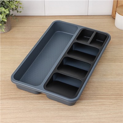 Лоток для столовых приборов FOLYlife, 40×26×5.1 см, 6 отделений, пластик, серый, чёрный