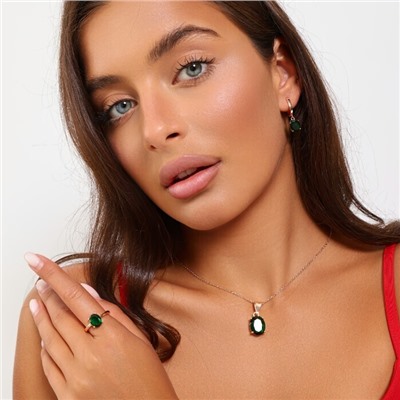 Комплект ювелирной бижутерии коллекция "Дубай" серьги, кулон и кольцо 18 р, покрытие позолота, вставка: фианит, цвет: зеленый, арт.215.504-18