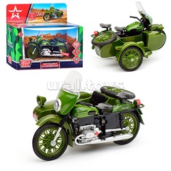 Модель металл Мотоцикл с коляской, Армия России 13 см, (свет-звук,зелен.,)в коробке
