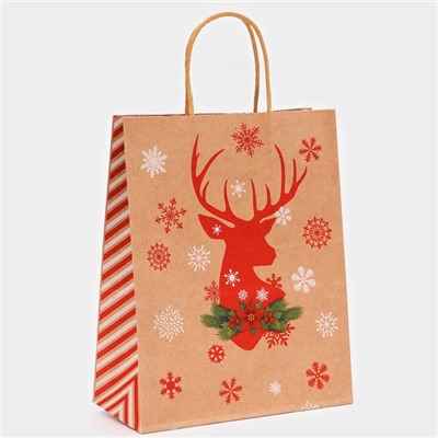 Пакет бумажный подарочный новогодний крафт «Олень», 27×21×11 см