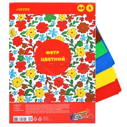 Фетр цветной мягкий A4 5 цв, 5 л,  "Яркие цвета" толщина 1 мм, пластиковый пакет с европодвесом
