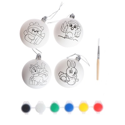 Ёлочные шары под раскраску на новый год «Чудесный праздник», краски, 4 шт., набор для творчества