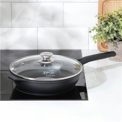 Сковорода KUKMARA «Традиция», d=24 см, стеклянная крышка, съёмная ручка, антипригарное покрытие, алюминий, чёрная