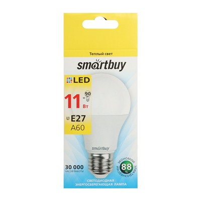 Лампа cветодиодная Smartbuy, A60, E27, 11 Вт, 3000 К, теплый белый свет